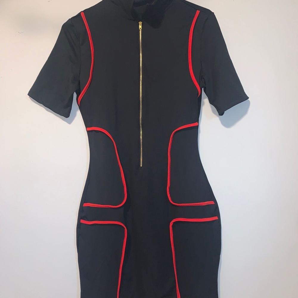 M black bodycon dress with red 3D accents